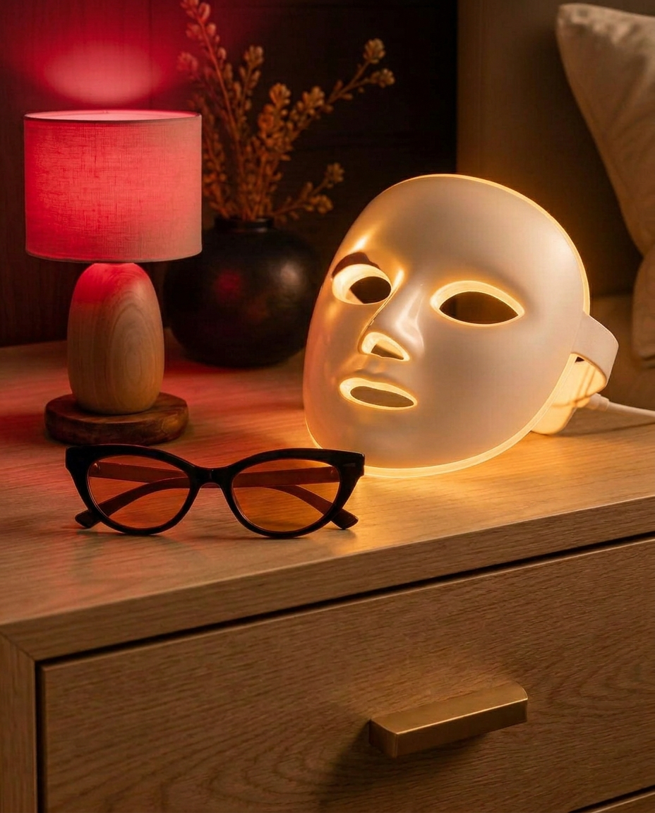 Valkoinen LED-valohoitomaski ja sinivalolasit